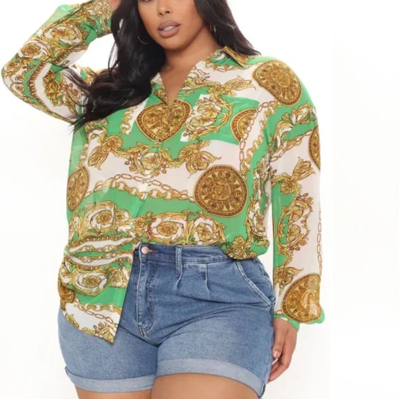 NWT Fashion Nova Green and Gold Chain Print Shirts - Picture 3 of 8